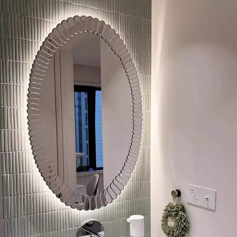 French light luxury bathroom mirror wall-mounted bathroom oval makeup American washstand smart bathroom mirror with lamp