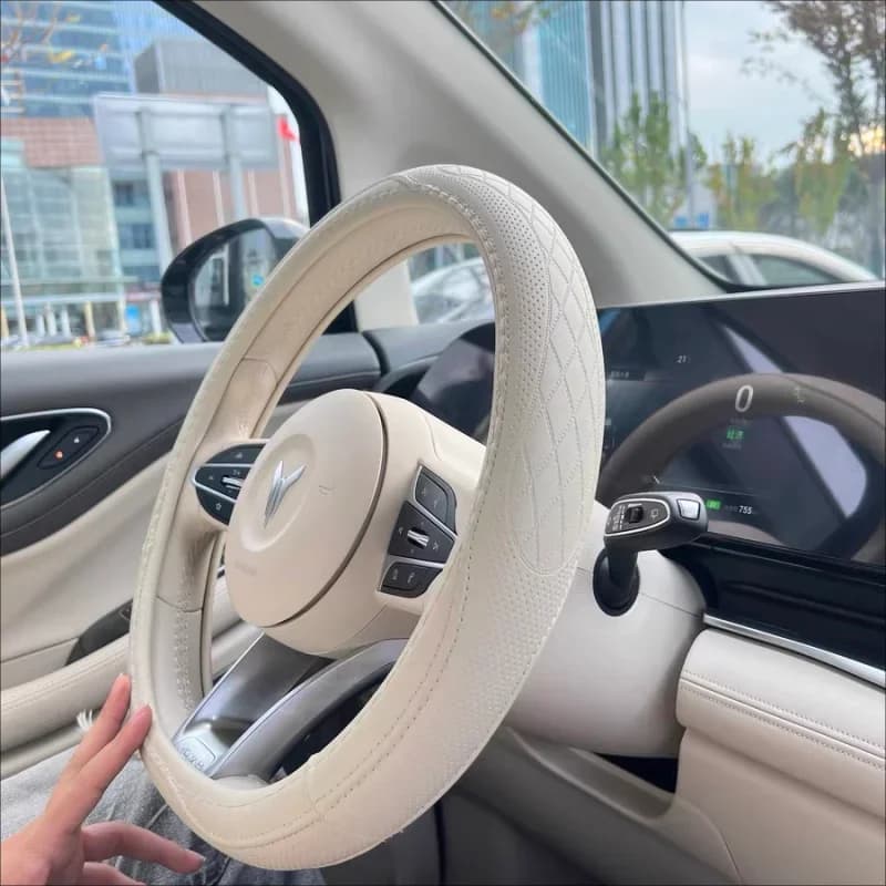Car Steering Wheel Cover Napa Leather Perforated Patchwork , Non-slip, Breathable, Universal 15 Inch (Approx. 38.1cm)