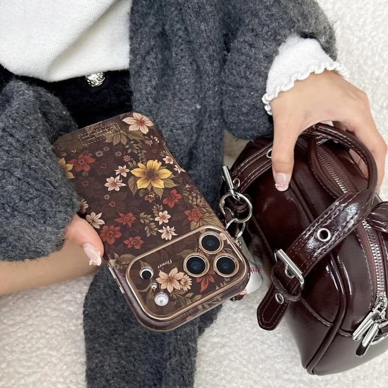 Brown Full Screen Floral Phone Case Leather with Lanyard Wrist Strap Shockproof Protective Cover for IPhone 17 16 15 14 Pro Max