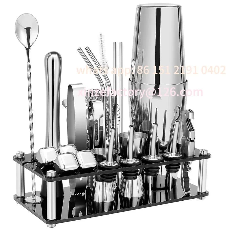 Customizable 23-Piece Professional Bartender Set Boston Stainless Steel Beverage Mixing Tool with Acrylic Stand Premium Bar Tool