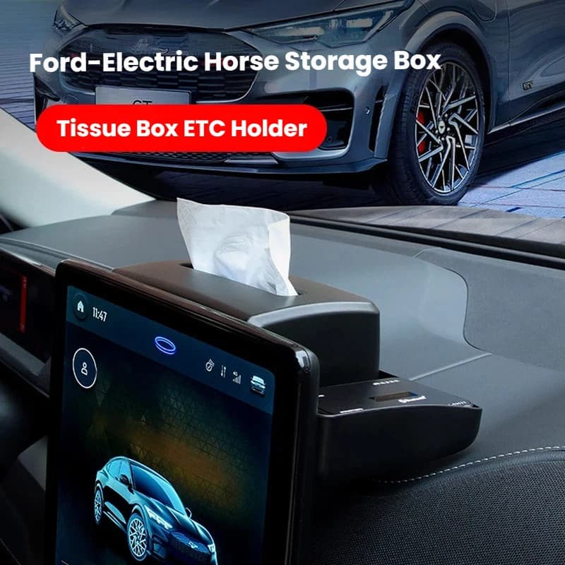 For Ford Mustang Center Console Screen Paper Towel Storage Box ETC Holder Car Modification Accessory Faux Leather
