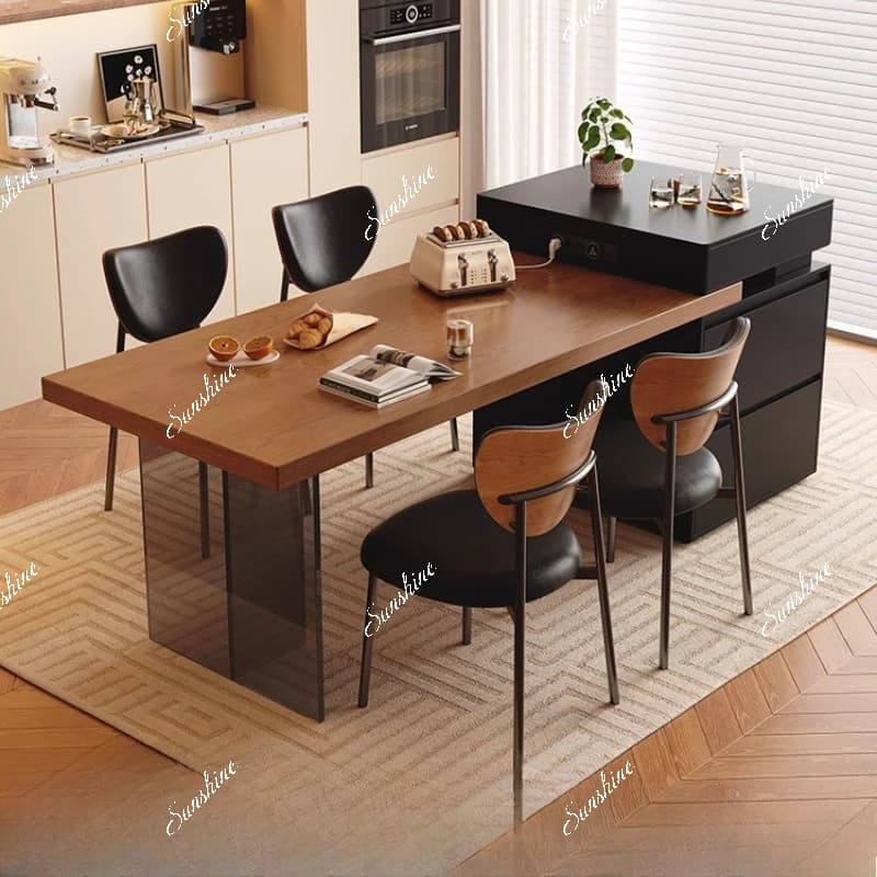 Medieval wind island dining table integrated household retractable walnut acrylic suspension