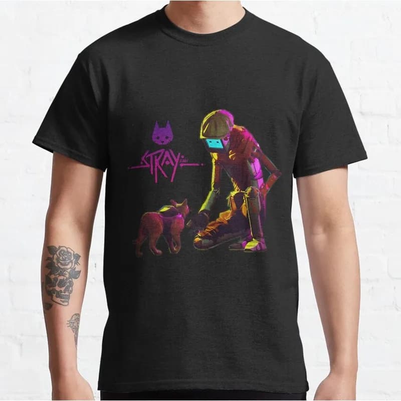Stray Video Game Cat Graphic T‑Shirt O‑Neck Short Sleeve Unisex Tees Cyberpunk Stray Cat Print Casual Streetwear For Gamer Fans