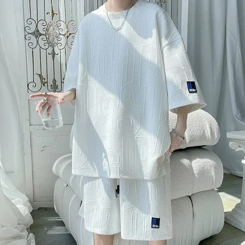 Korean-style Harajuku Casual Short-sleeved T-shirt for Men Summer New Oversized T-shirt Sweatshirt and Baggy Shorts 2-piece Set
