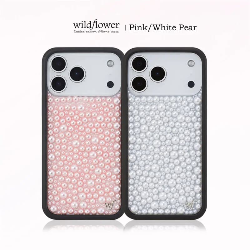 Wildflower Ins 3D White Pink Pearl Sparkling Phone Case for iPhone 13 14 15 16 17 18 Pro Max Rhinestone Glitter Shockproof Cover