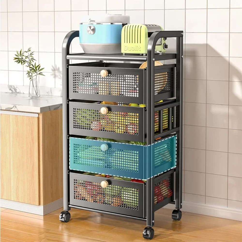 ##For Kitchen Trolley With Basket Kitchen Storage Rack And Hand Pull-Out Layered Trolley Floor-To-Ceiling Multi-Layer Storage Ra
