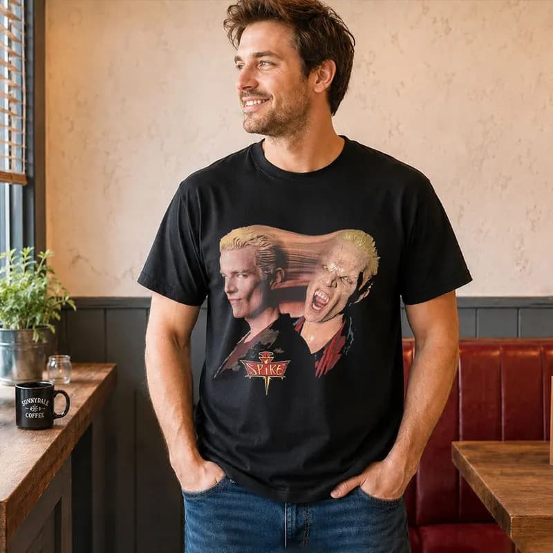 Buffy Inspired T-Shirt, Vintage Vampire Slayer Spike Graphic Tee, Retro Horror TV Series Print Short Sleeve Casual Shirt S-6XL