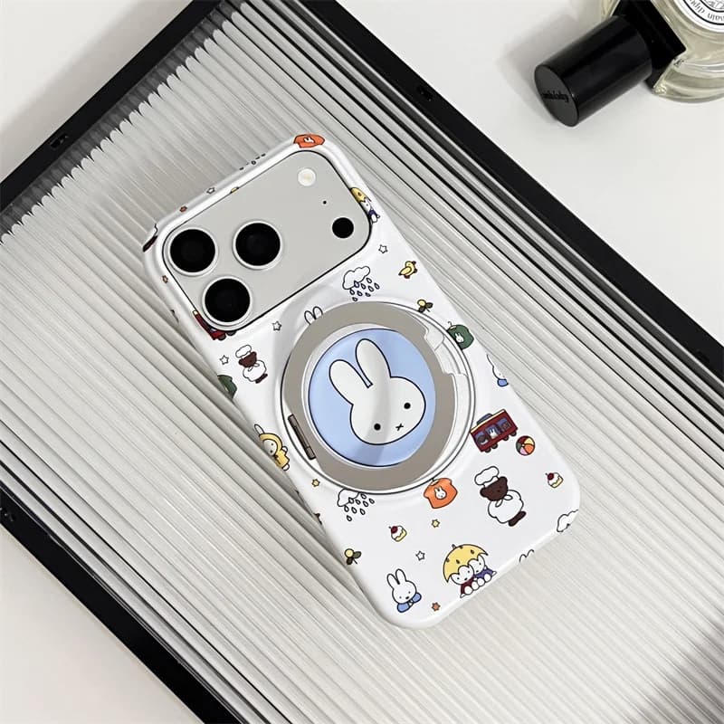 New 2026 Cartoon Miffy Rabbit Phone Case For iPhone 15 16 17 ProMax With Flip Round 360° rotate Ring Kickstand Cute Girl