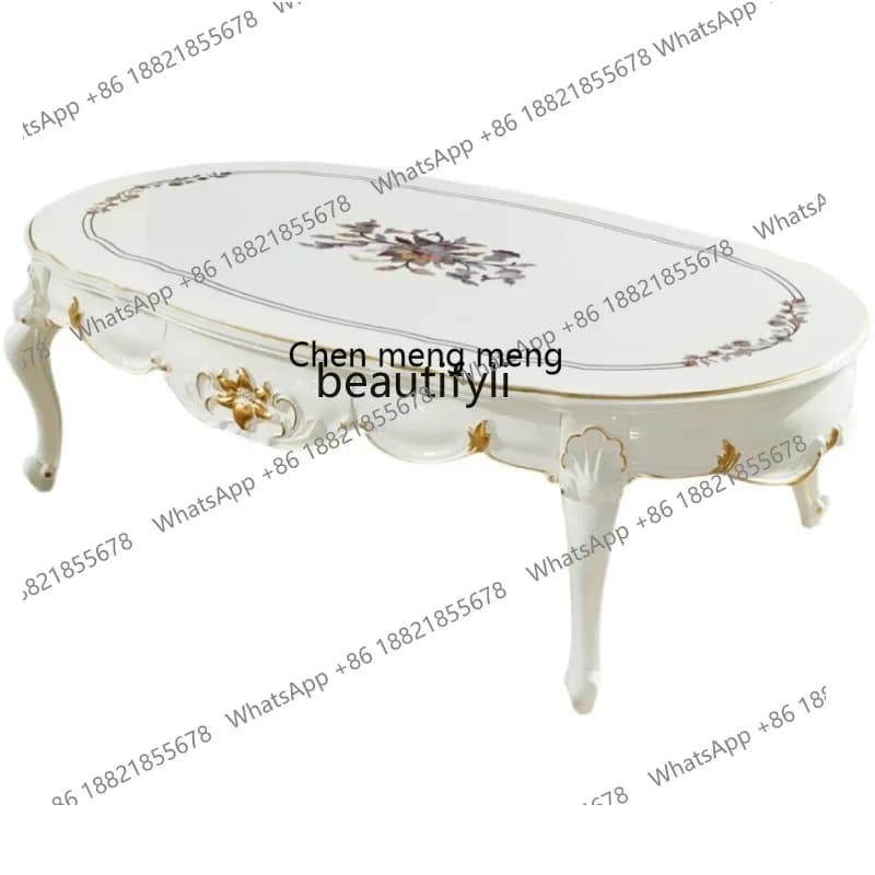 178Solid wood coffee table French engraved oval pearl white paint living room sofa tea table high foot2936