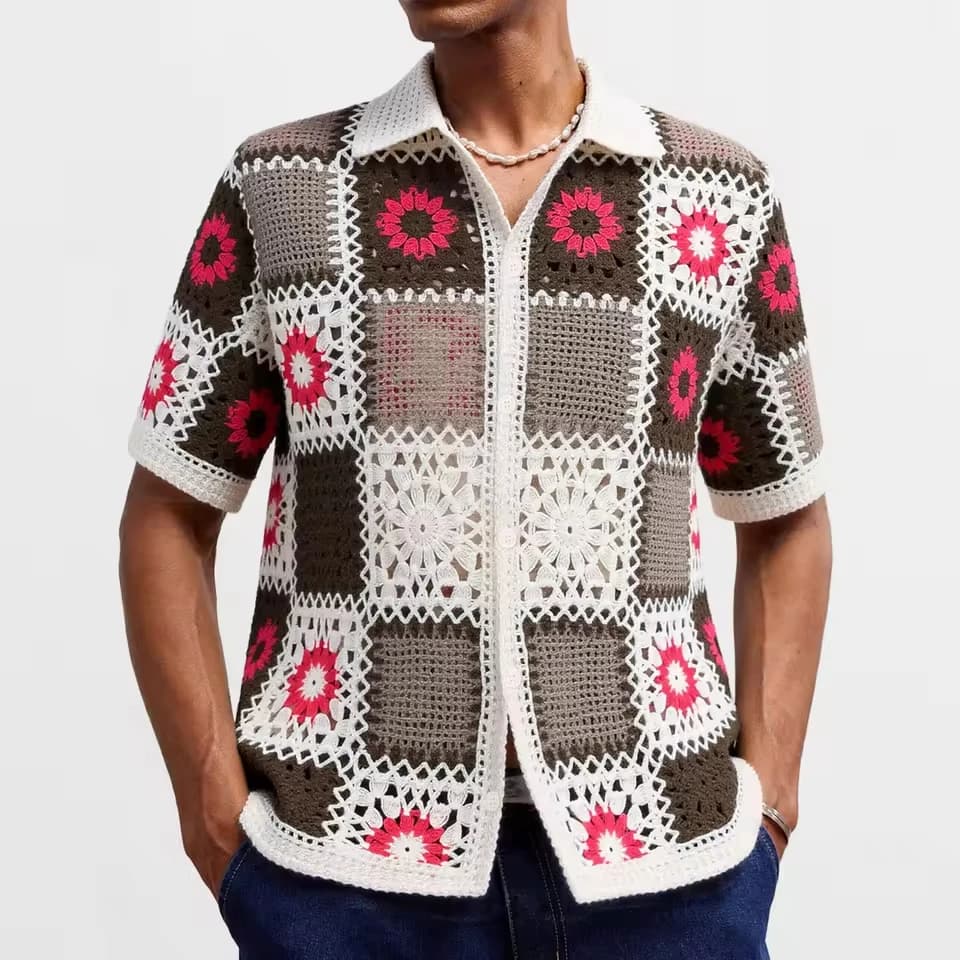Vintage New Fashion Summer Men's Ethnic Knitted Hollowed Out Turn-down Collar Short Sleeve Single-breasted Shirts Male Coats