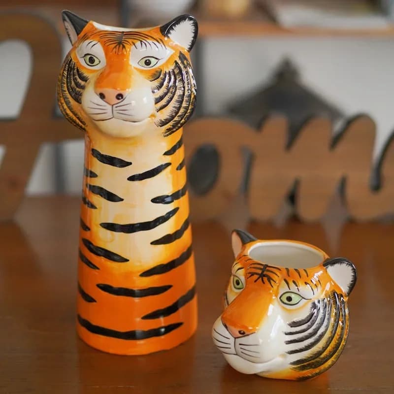 Ceramic Vase Simulated Animal Sculpture Tiger Shaped Tiger Head Cartoon Handicraft Ornaments Flower Vase Home Decoration