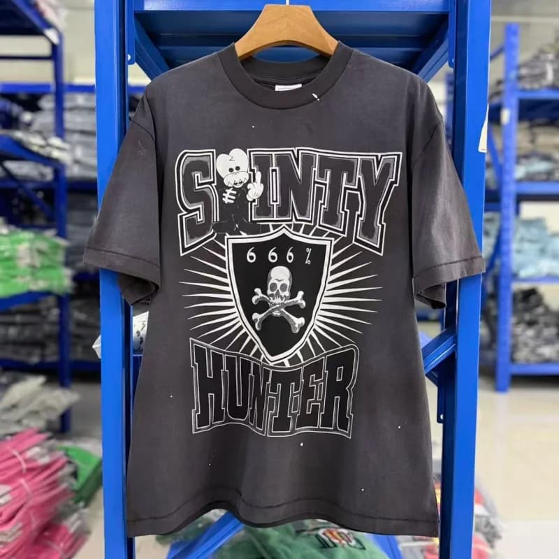 SAINT SS26 Cotton Vintage Print Round-Neck Washed Short-Sleeve T-Shirt Summer Men's Women's Casual Black Tee