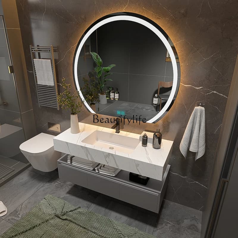 88.-Bathroom Cabinet Slate Integrated Basin Light Luxury Cream Wind Solid Wood Toilet Wash