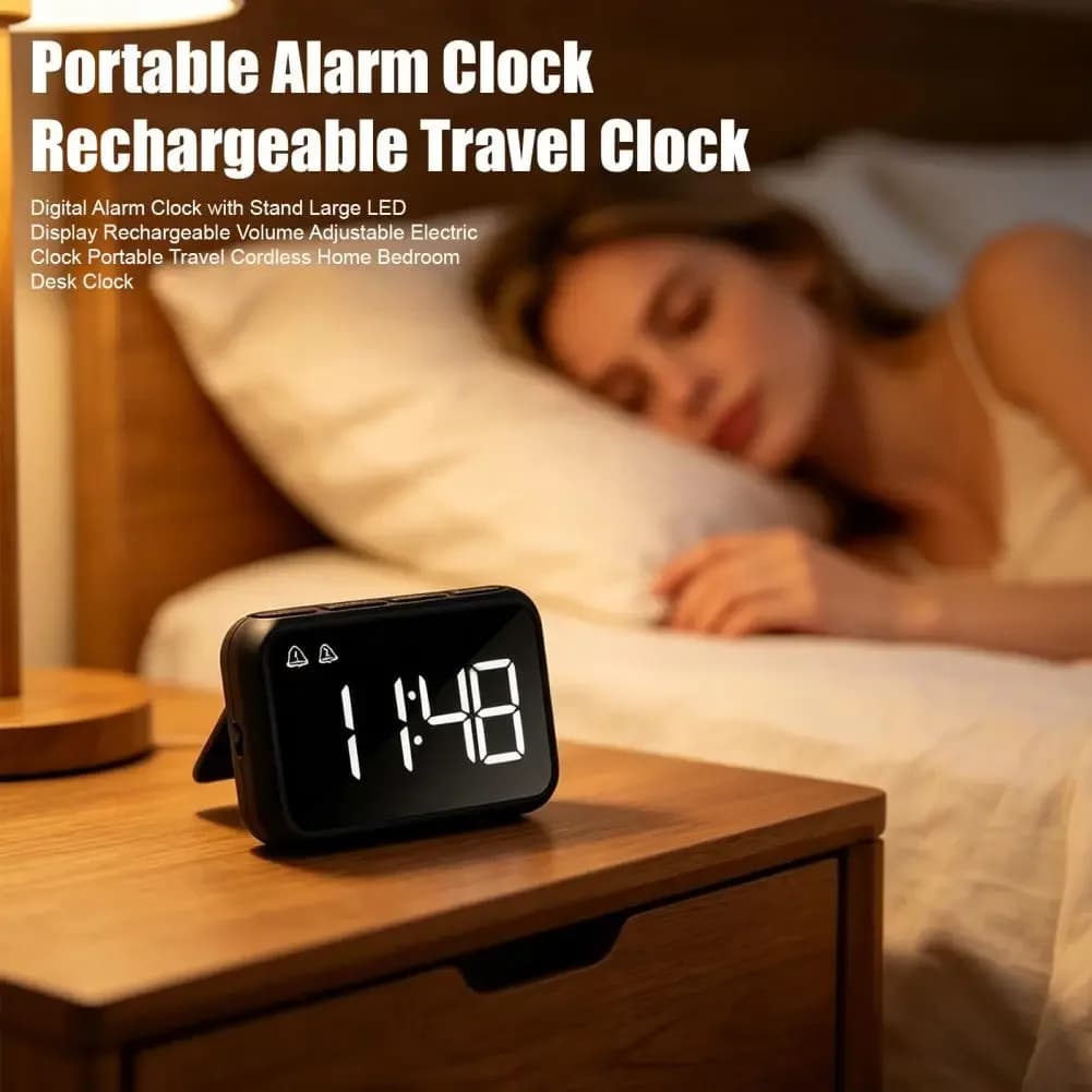 Portable Alarm Clock Travel Clock with Stand Digital Alarm Clock with Stand Led Display Rechargeable Travel Volume Adjustable