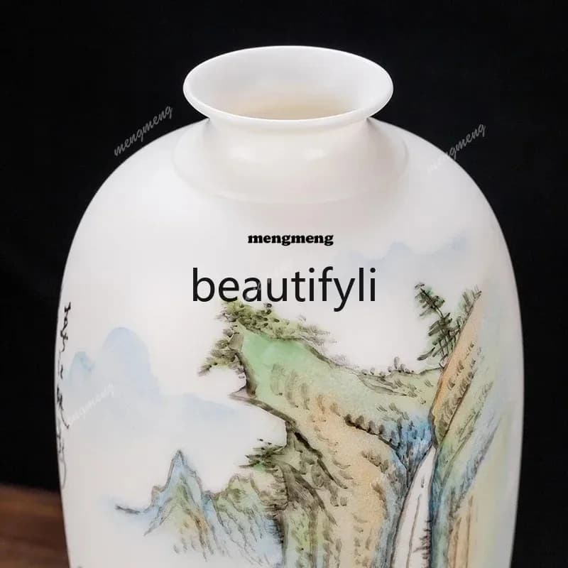 Suet jade ceramic hand-painted small longevity vase landscape ornament, study Chinese flower arrangement home dN