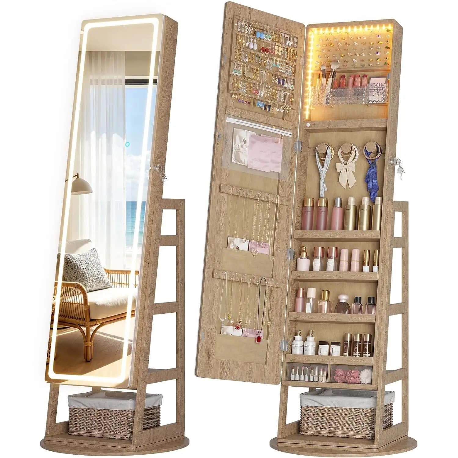 63" Lockable Jewelry Armoire Organizer with 4 Rear Shelves & Hooks, 360° Swivel, for Bedroom, Living Room, Women Girls Gift