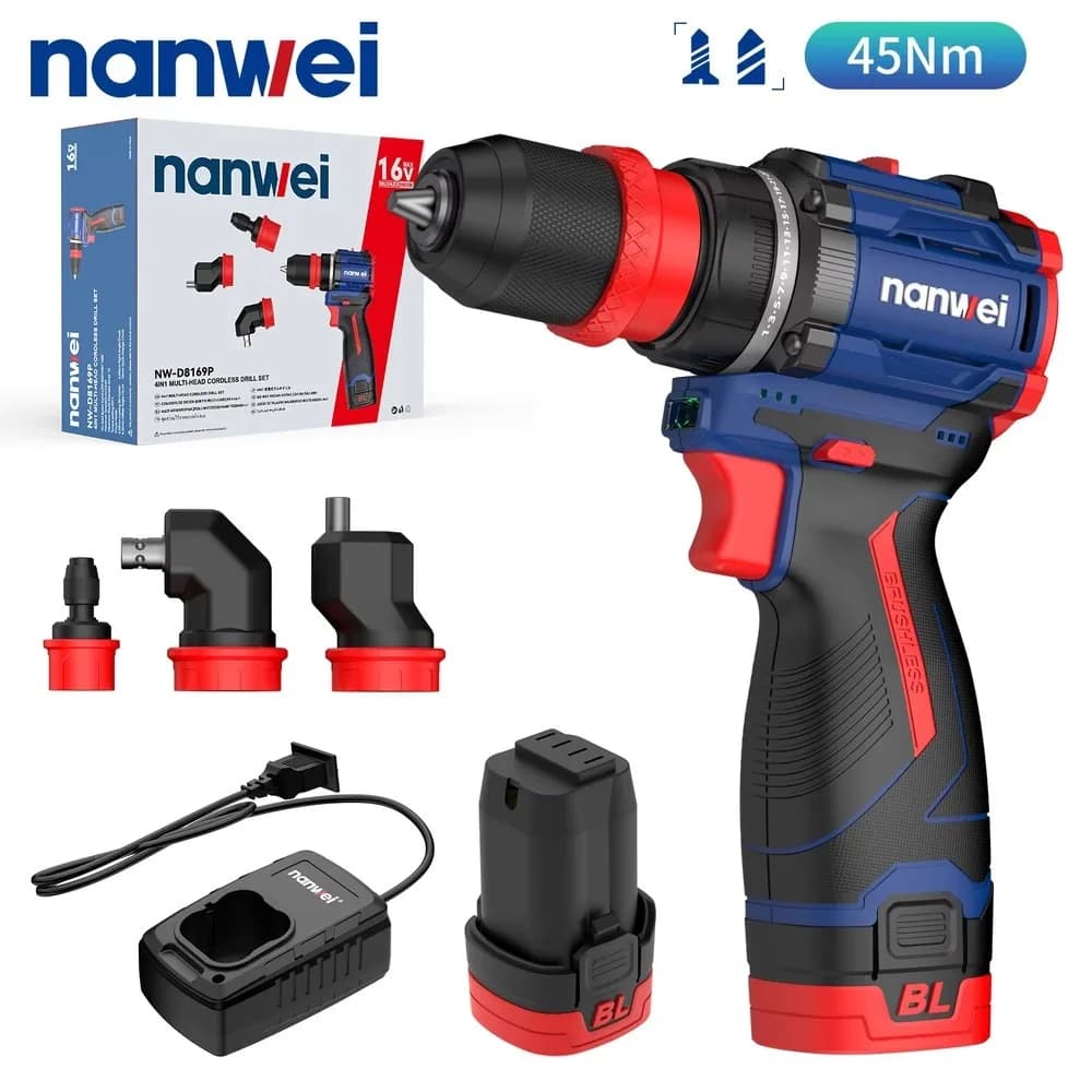 16V Cordless Drill Set Brushless Motor 45Nm Max Torque Variable Speed Built-In LED for Industrial Use DIY with Battery