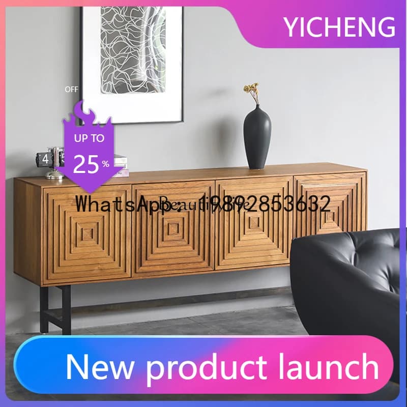 QQ Modern wabi-sabi style dining side cabinet Nordic simple engraving solid wood storage home living room wall tea cabinet