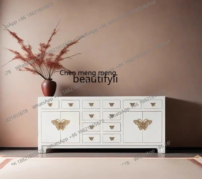 New Chinese-style white dining side cabinet solid wood retro living room decorative cabinet classical antique shoe cabinet