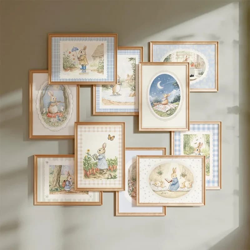 Vintage Boho Blue Plaid Rabbit Inspired Art Poster Baby Room Bedroom Nursery Field Animal Decorative Canvas Painting Wall Art