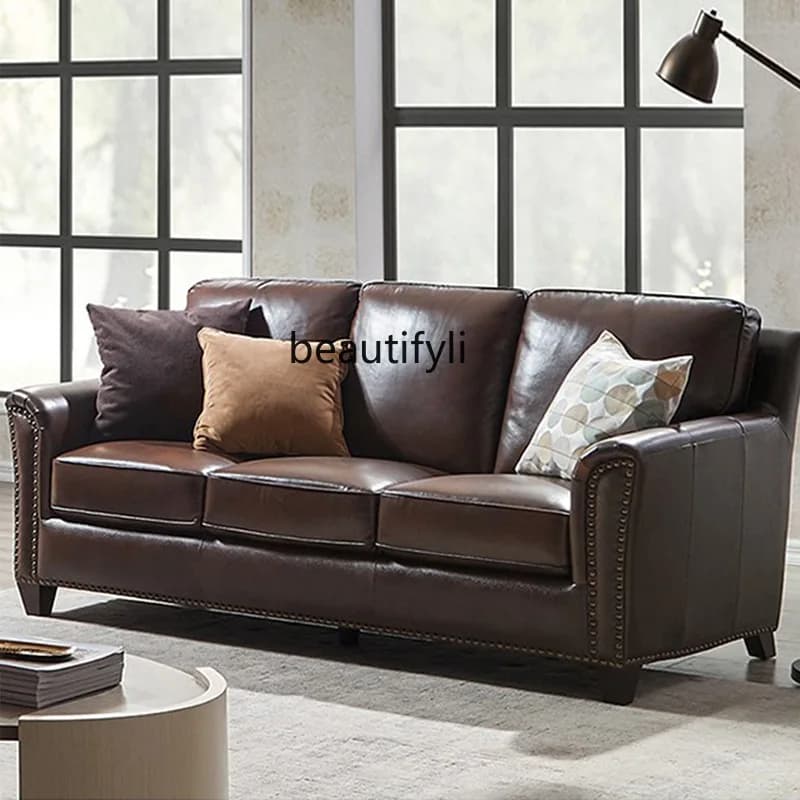 American country leather sofa first floor cowhide villa small apartment three-person retro