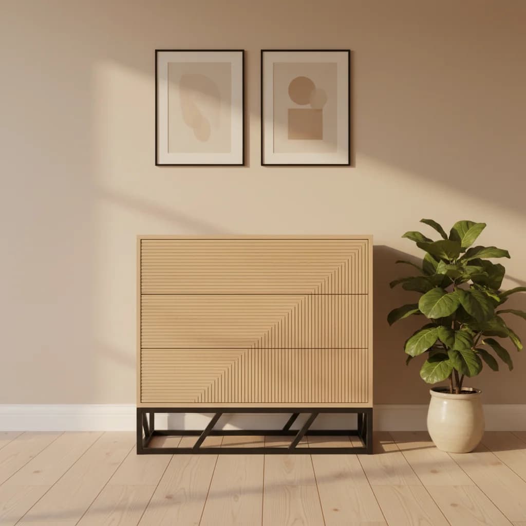 xx-Stylish Line Design 3 Drawers Wooden Chest of Drawers with Black Metal Legs Bedroom Clothes Storage Organizer Cabinet*