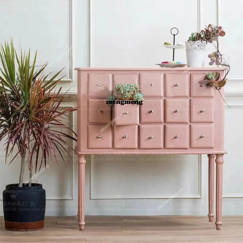 French retro solid wood multi-drawer porch storage chest American storage lattice cabinet