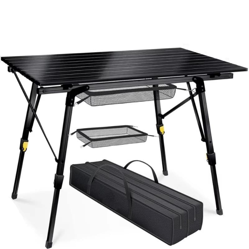 Lightweight aluminum folding camping table with adjustable height legs for beach barbecues and garden hikes