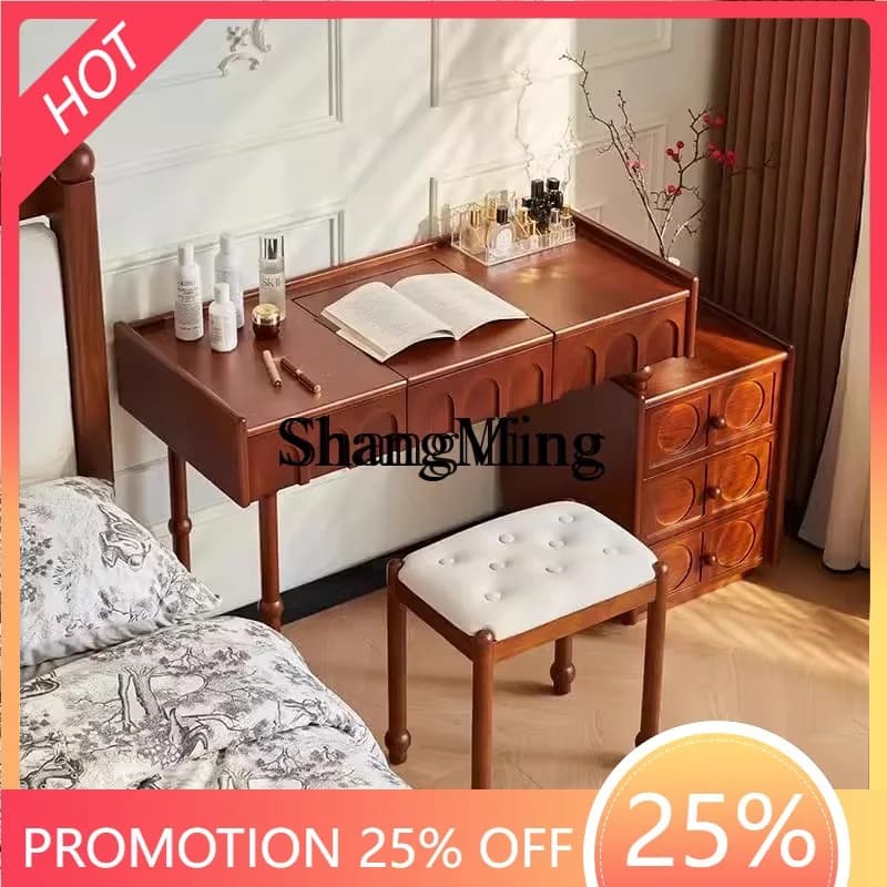 SM Home Solid Wood Dresser Vanity Table with Mirror Flip Cover Two-in-One Storage