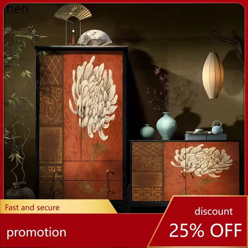 HXL Floral and Bird Solid Wood Sideboard Cabinet for Bedroom Wall Storage