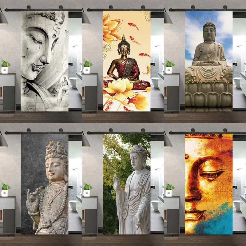 3D Door Sticker Vinyl Wallpaper Self-adhesive DIY For   Bedroom Study Buddha Statue Decoration Home Design Decal Murals
