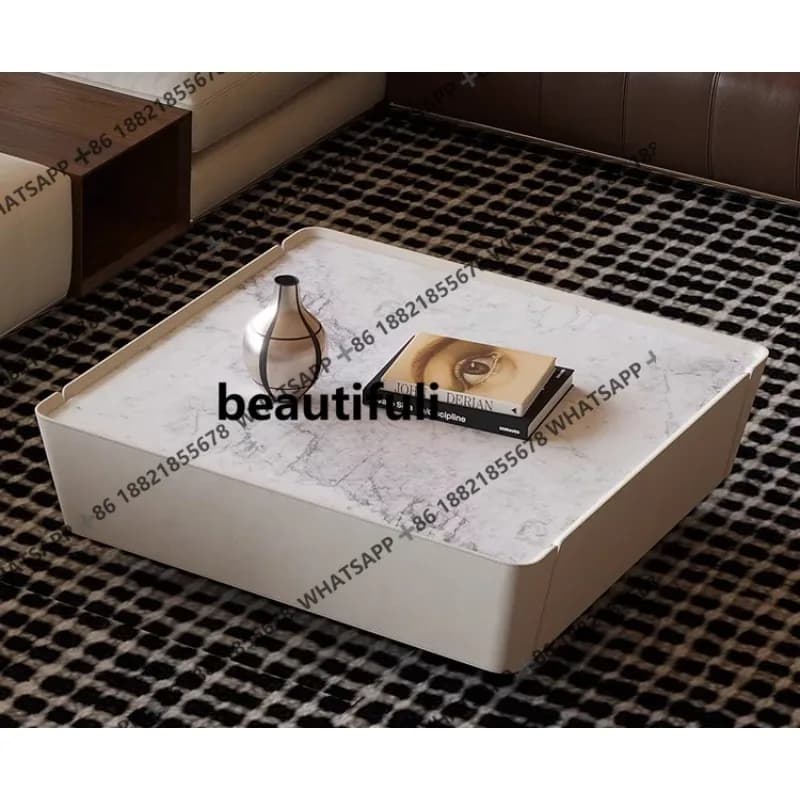 Light luxury rock slab coffee table Modern simple household living room Small apartment saddle leather square tea table
