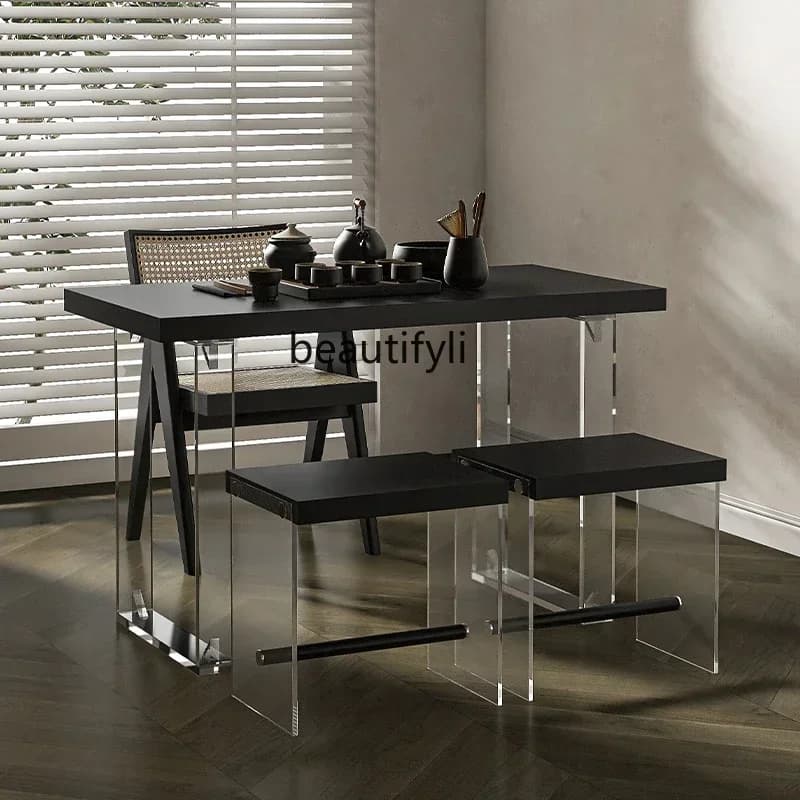 cc182l Liji Wind Black Balcony Solid Wood Living Room Acrylic Suspension Tea Table and Chair