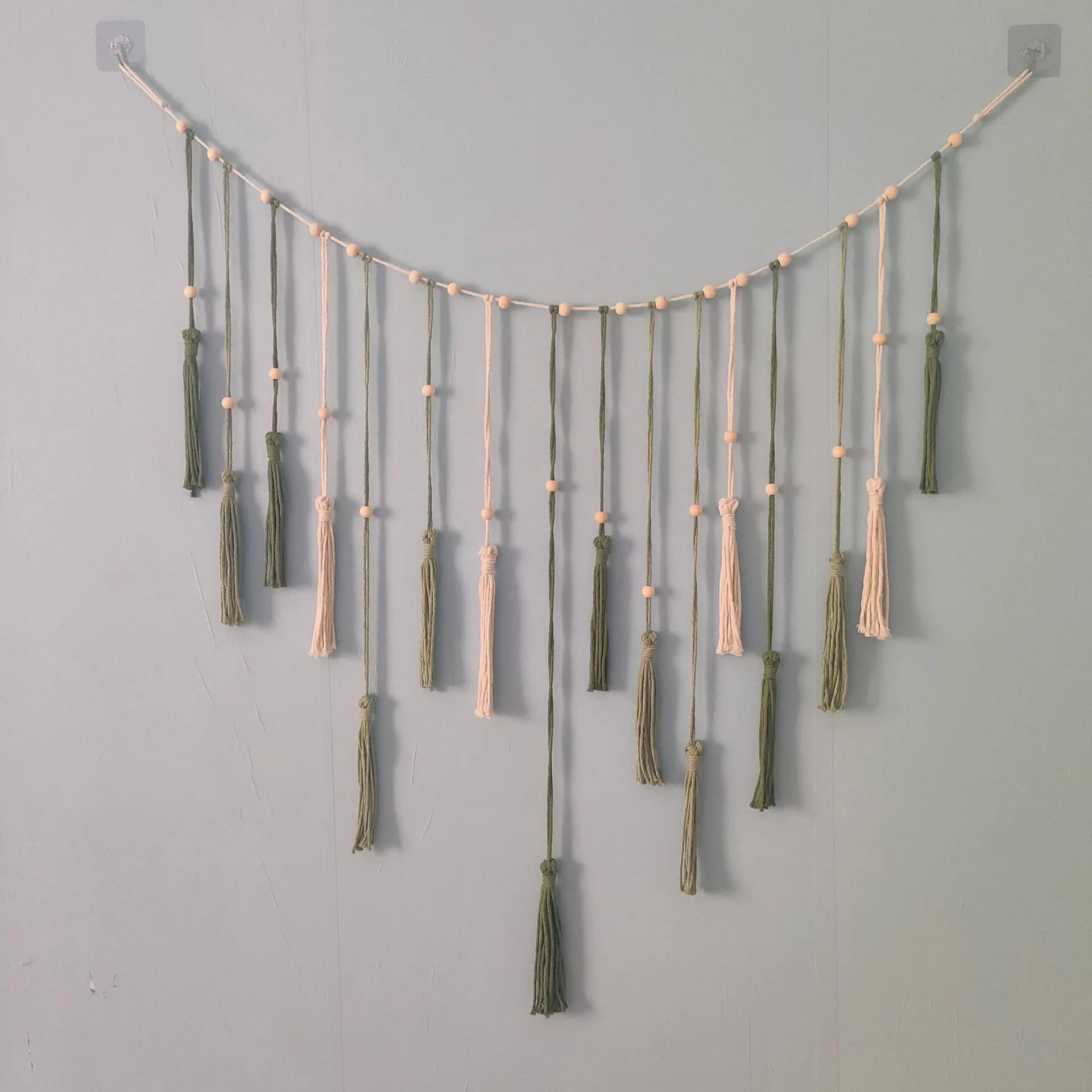 Tassel Garland with Wooden Beads, Handmade Woven Wall Hanging Banner, Boho Wall Decor for Bedroom Party Background Decoration.