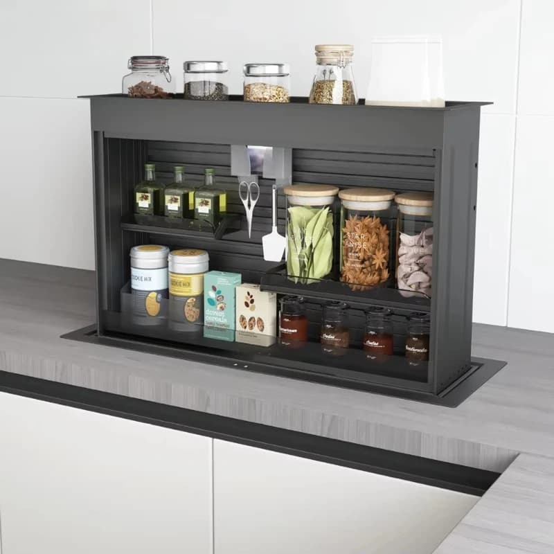 Modern Kitchen Countertops Hidden Pull Down Spice Rack Electric Lifting System Acrylic Condiments Spice Storage Kitchen