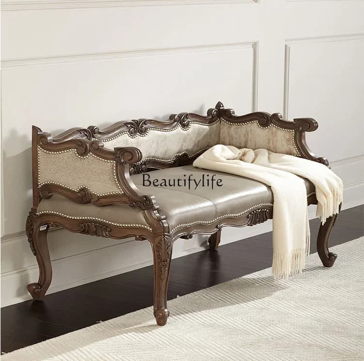 LXAmerican solid wood carving flower retro old double sofa chair European light luxurySSS