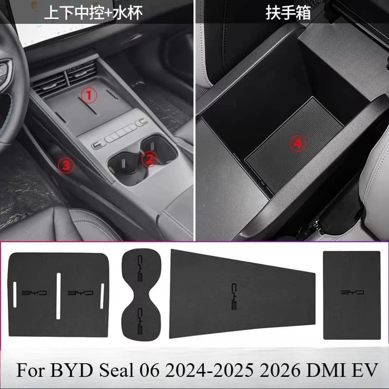 For BYD Seal 06 2026 DMI EV Leather Door Pocket Liners + Center Console Cup Holder Mat Set, Car Interior Decorative Accessories