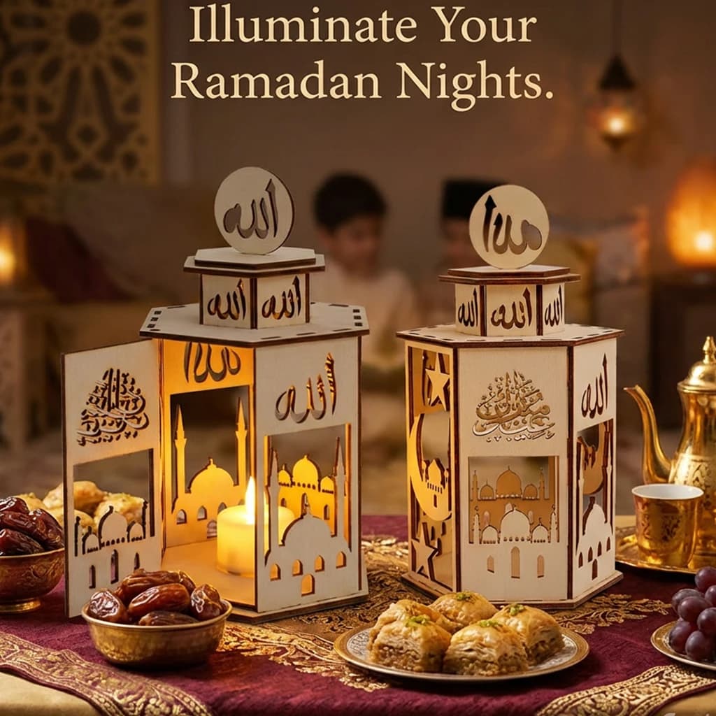 Ramadan Eid Wooden Candle Holder , Islamic Lantern with Mosque Pattern & Arabic Calligraphy, Vintage Tabletop Decor for Home