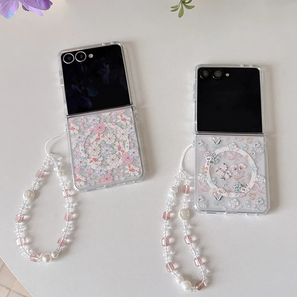 Floral Print Magnetic Ring Stand Phone Case For Samsung Galaxy Z Flip7 Flip8 Cover Pearl Hand Small Flower Shockproof Flip Shell