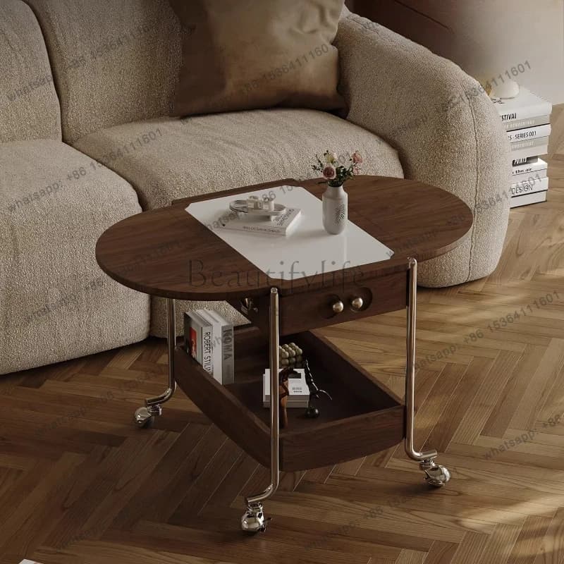 Medieval style solid wood rock slab coffee table movable folding living room household small apartment trolley