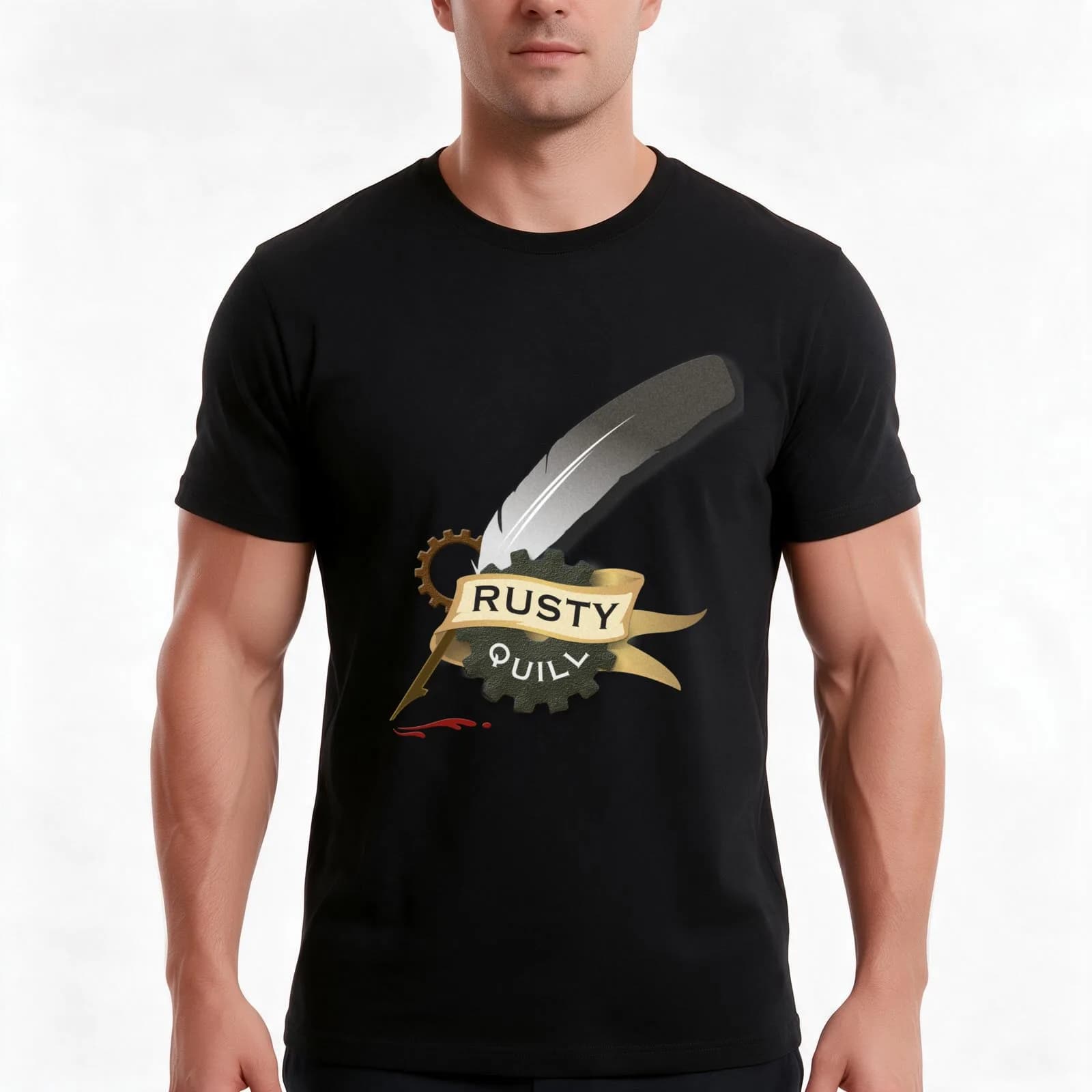 Rusty Quill Company Logo T-Shirt, Summer Casual Cotton Tee, Oversized Streetwear Tops, Vintage Graphic Print, Unisex Men Women