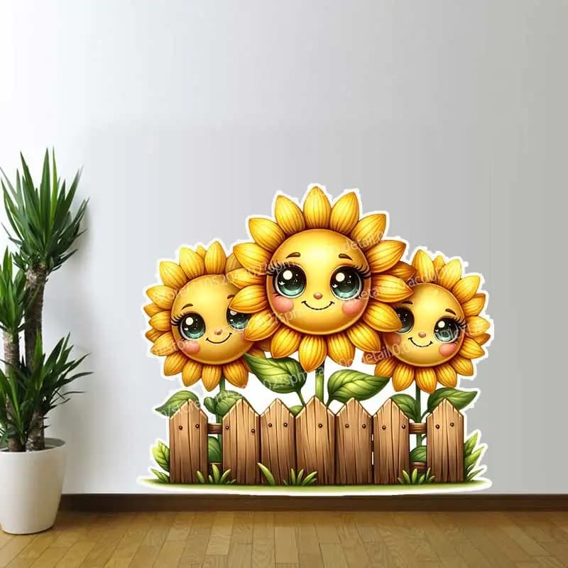 Cute Sunflower Bee Honey Picking Wall Stickers for Kids Room Self-Adhesive Home Decorative Wallpaper Background AA48
