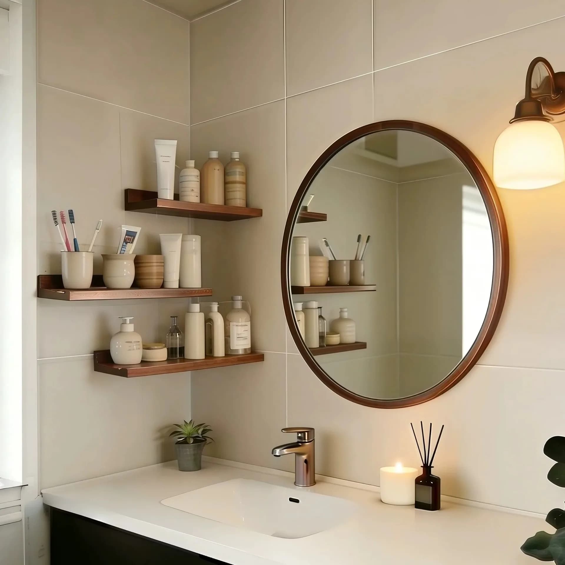 DSA antique bathroom mirror with rack wall-mounted round mirror solid wood frame bathroom makeup washstand mirror