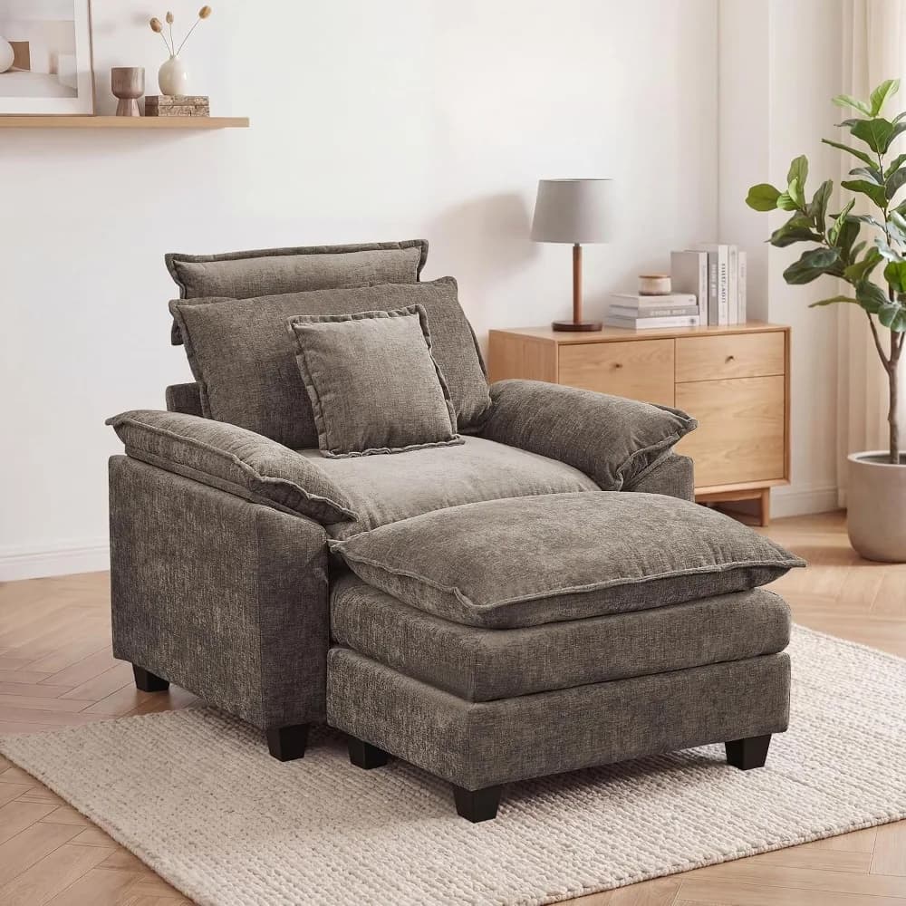 46'' Oversized Chaise Lounge with Ottoman, Cloud Deep Seat Accent Sofa Chair with Detachable Headrest, Customized