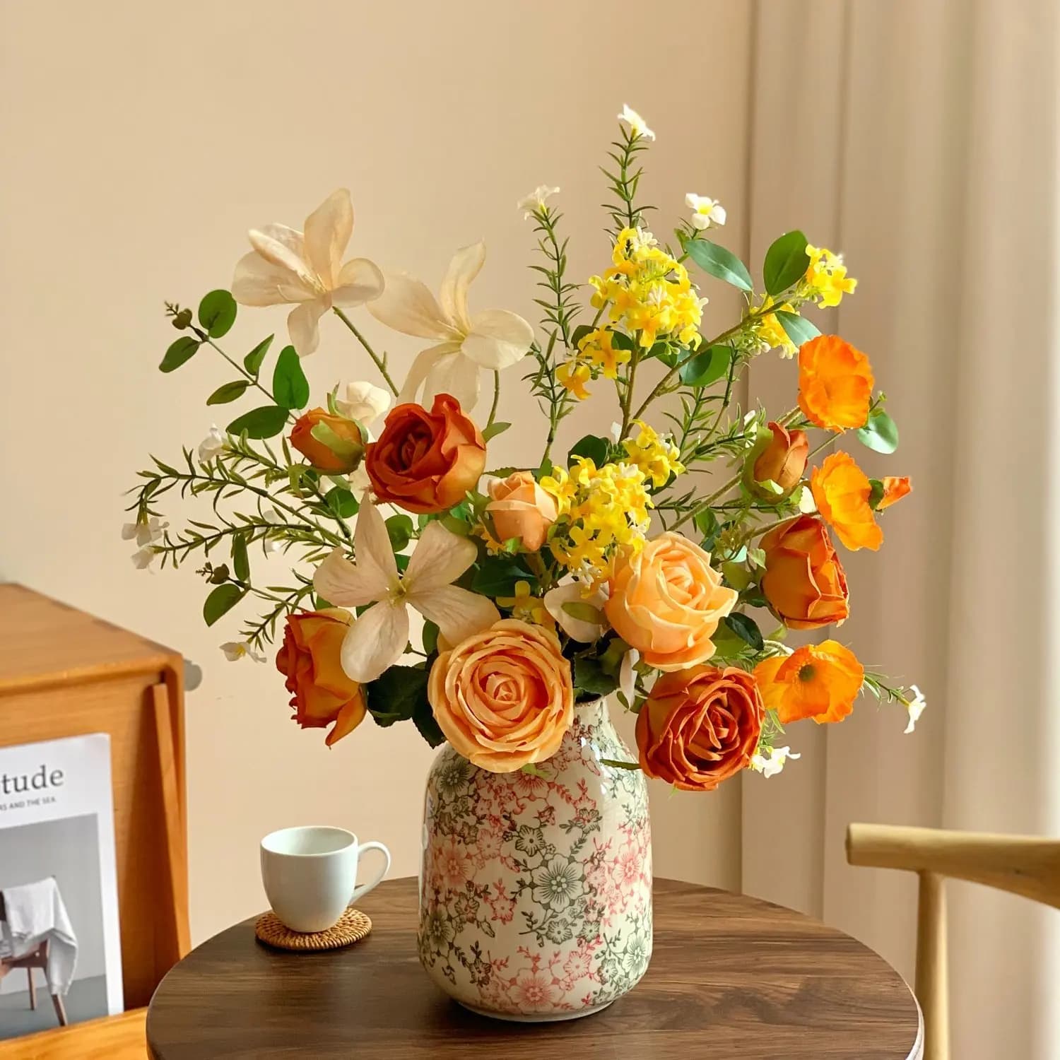 SCY advanced simulation flower orange rose ceramic vase ornament B & B hotel living room decoration