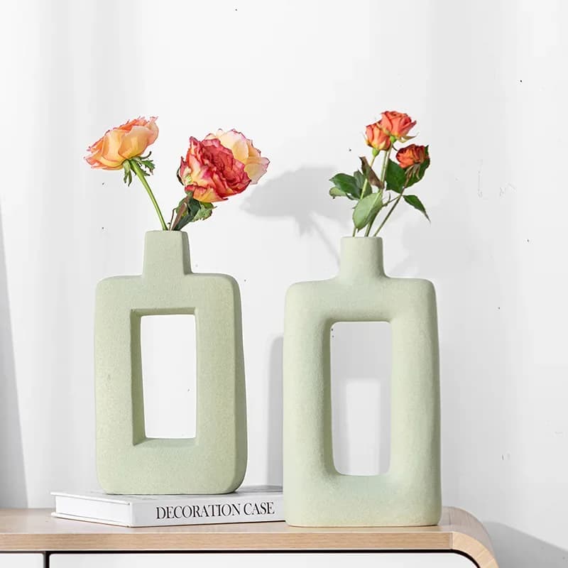 CAPIRON Hollow Out Geometric Design Nordic Light Green Vase Tabletop Ornament Unique Shape Sculpture Living Room Bedroom Office