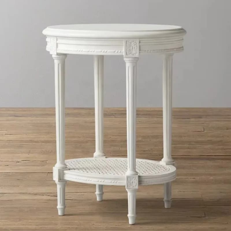 French Style Solid Wood White Bedside Tables Bedroom Furniture Rattan Oval Nightstand