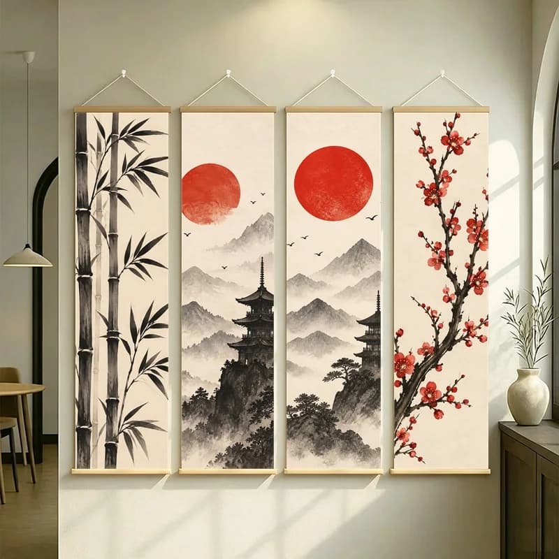 Wall Decor Black Ink Bamboo Stalks and Leaves, Japanese Zen Pearlescent Canvas Hanging Scroll for Tea Ceremony Room