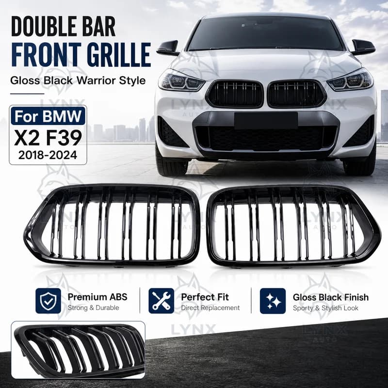 For BMW X2 2018-2024 F39 Aftermarket Replacement Double Bar Black Warrior Front Grille Gloss Black Double Line Grille