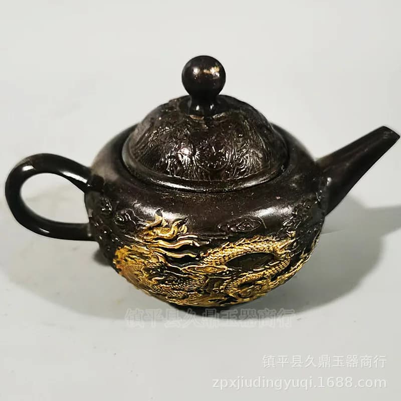 Antique Collectibles: Gilt , Teapot, Wine , Small Bronze Flask, Dragon and Phoenix D